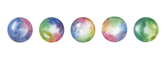 Large set of watercolor colored water bubbles with highlights round spherical transparent balls hand drawn red blue purple green turquoise