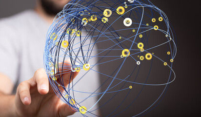 Abstract image depicting global network connections, data flow, and digital sphere interaction.
