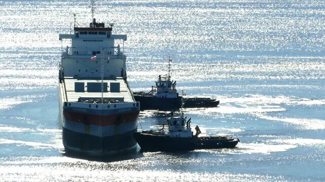 Murmansk, Russia - June 7, 2017: Tugboats deploy a huge Dutch dry cargo ship "Raerborg" in the Kola Bay.