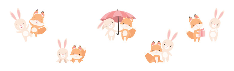 Pretty Little Bunny and Fox Cub Playing Together as Best Friends Vector Set