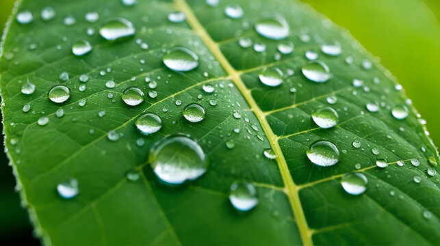 Close-up macro of morning dewdrops on textured green leaf in natural lighting.