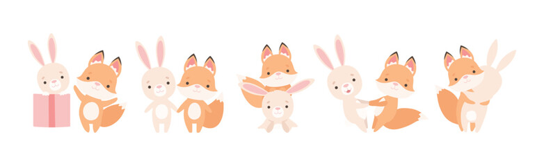 Pretty Little Bunny and Fox Cub Playing Together as Best Friends Vector Set