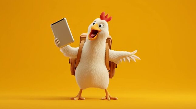 3d cartoon excited cute white broiler chicken wearing a backpack generative ai