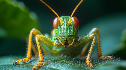 Fototapeta premium Vibrant grasshopper poised and ready to jump in a low key portrait