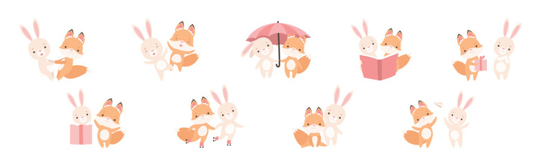 Pretty Little Bunny and Fox Cub Playing Together as Best Friends Vector Set
