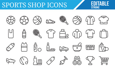 A collection of editable stroke icons representing various sports shop items, including balls, shoes, jerseys, trophies, and bottles, perfect for sports retail, e-commerce, and fitness design projects