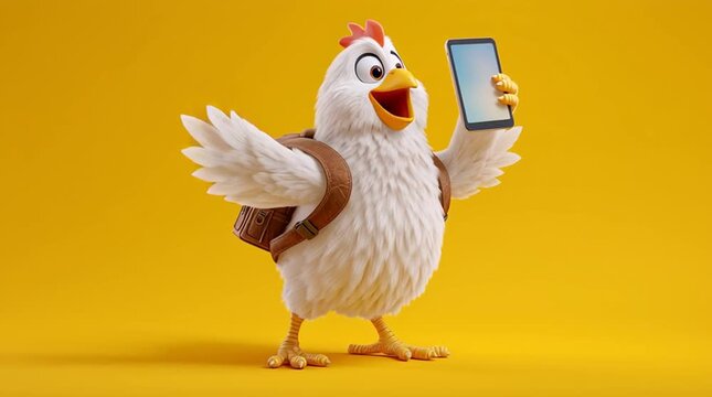 3d cartoon excited cute white broiler chicken wearing a backpack generative ai