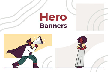 Naklejka premium Hero banners featuring a man with a megaphone and a woman standing confidently symbolizing empowerment and communication
