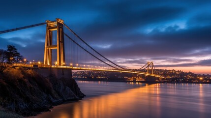 Stunning twilight view of a suspension bridge illuminated against a serene water backdrop