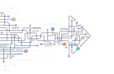 Complex arrow-shaped map with multicolor circuit lines and symbols, representing progress, connection, and strategic direction on minimal background.