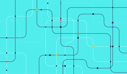 Stylized metro map with colorful curved lines and dots on cyan background, perfect for infographic, transit, or smart city design themes. © natrot