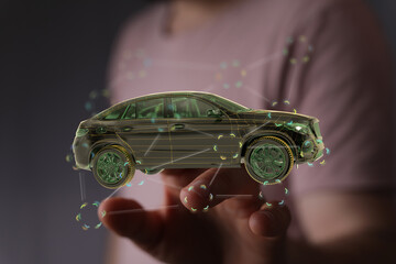 Futuristic concept of a digital car model, showcasing innovative technology and connectivity.