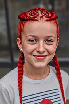 Creative red braided hairstyle with geometric patterns. Trendy urban look, fashion-forward concept.