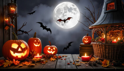 Halloween Night With Carved Pumpkins, Spooky Moon, and Bats Flying Above