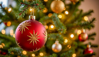 Bright Red Ornament Hangs From a Festive Christmas Tree Adorned With Golden Lights