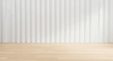 Empty room with a light wood floor and a white corrugated metal wall illuminated by soft light.