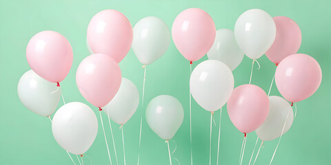 pastel pink white balloons floating soft green background