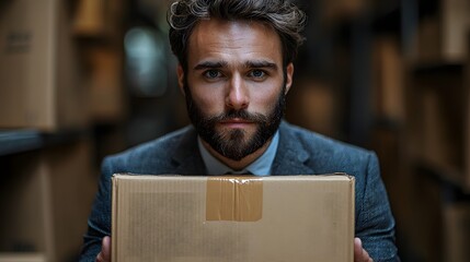 Confident businessman holding a package with a focused charismatic demeanor