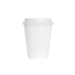 A clean white disposable paper coffee cup with a lid and a slightly textured surface isolated on transparent background