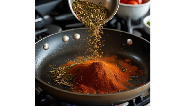 Mixed spice blend flying out of a pan