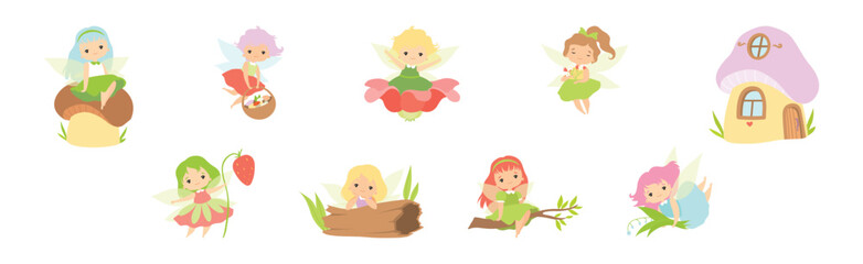 Cute Fairy Character in Pretty Dress with Wings Vector Set