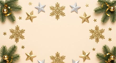 Christmas composition. Frame made of fir tree branches, decorations on pastel gray background. Christmas, winter, new year concept. Flat lay, top view, copy space