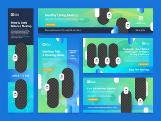 Health banner templates for promoting wellness events and community meetups with vibrant design elements