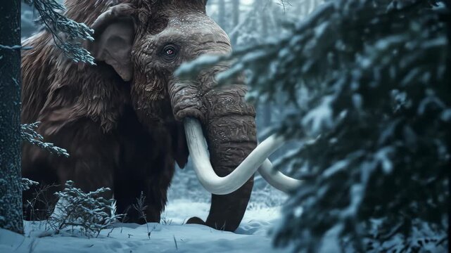 A woolly mammoth stands amidst a snowy forest, its massive form blending with the wintery landscape, a relic of a bygone era