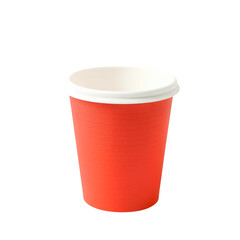 Bright orange paper coffee cup with a white lid isolated on a transparent background for design and branding isolated on transparent background