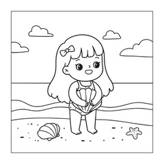 Cute Cartoon Girl on the Beach Holding a Seashell, Coloring Page