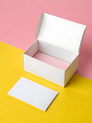 Tuck box with cards on bold pink and yellow backdrop