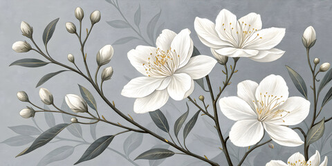 Illustrated white flowers on neutral grey background