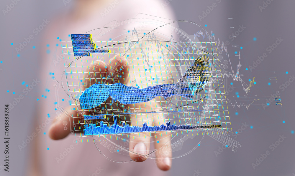 Poster abstract image of a hand interacting with a digital data visualization. perfect for technology, fina