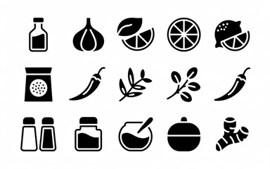 A set of 15 black and white icons arranged in three rows depicting various kitchen and cooking elements.