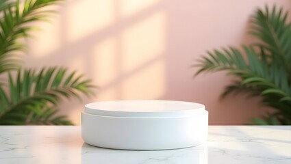 Minimal White Pedestal on Marble with Soft Pink Wall and Green Foliage