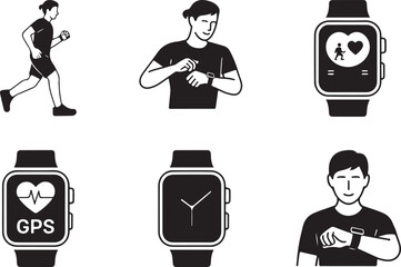 Running fitness tracker smartwatch icons set
