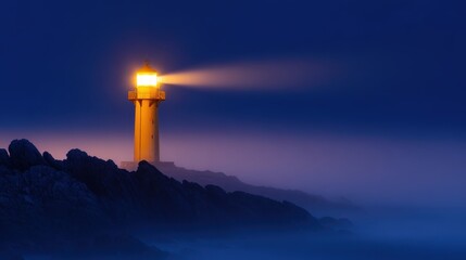 A serene coastal scene featuring a lighthouse illuminating the foggy night sky over rocky shores