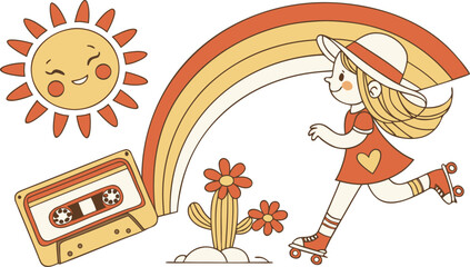 Naklejka premium Vintage groovy set elements in flat graphic design. Vector illustration. Collection of funny cat, heart, sun, sunglasses, daisy, cactus, roller skates, music cassette, guitar, peace, unicorn, other. 
