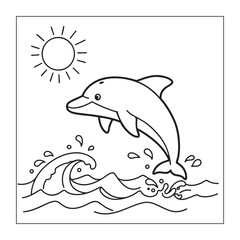 Happy Dolphin Jumping in the Ocean, Summer Coloring Page

