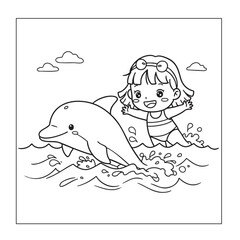 Cute Girl Swimming with a Dolphin, Summer Friendship Coloring Page

