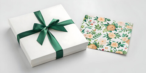 Gift box with green ribbon and floral thank you card