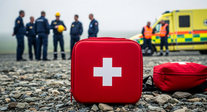 Immediate response team ready for emergencies with ambulance and first aid kit, ensuring safety and care after accidents or unexpected health crises