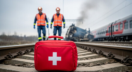 Emergency first aid kit near train wreck with rescue workers, perfect for safety campaigns, crisis management, or accident prevention promotions