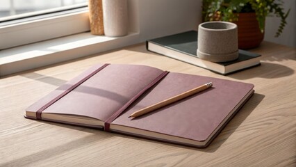 Open mauve notebook with a pencil on a wooden desk near a window and other stationery items