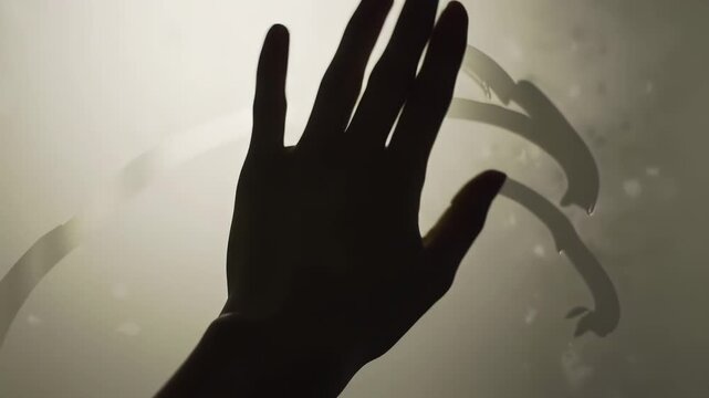 woman's hand on a foggy, frosted glass surface