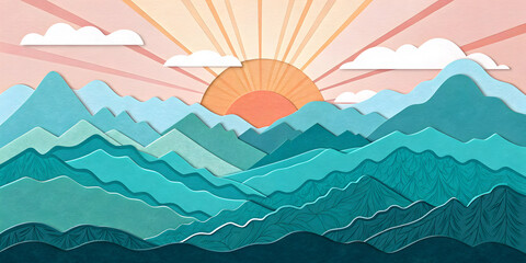 Teal mountain sunrise cut paper illustration landscape