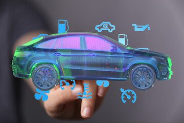 3D wireframe SUV model with various diagnostic warning lights.  Perfect for car repair, maintenance, or technology concepts.
