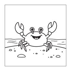 Happy Cartoon Crab on the Beach, Sea Animal Coloring Page