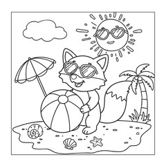 Cool Cartoon Fox on the Beach, Summer Vacation Coloring Page