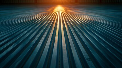 Dynamic diagonal topdown shot of corrugated sheet pattern with glossy blue and metallic gold ridges in industrial setting, emphasizing depth and texture with contrasting shadows and ample copy space
